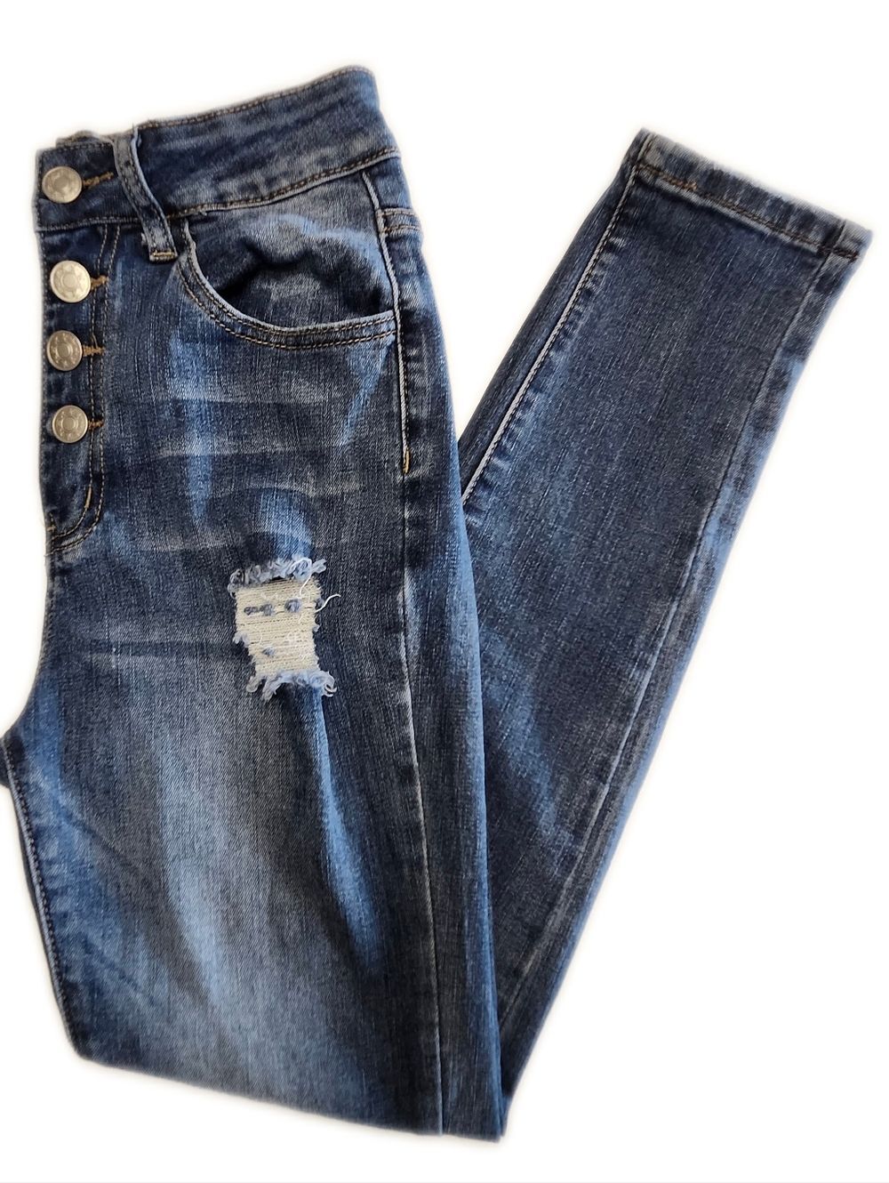 High Waisted Button Fly Medium Blue Distressed Skinny Jeans, XS